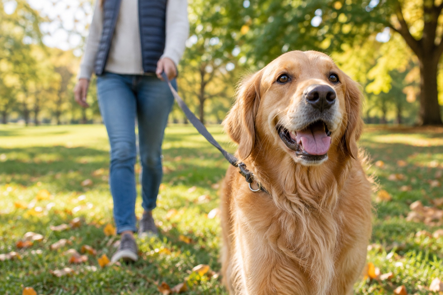 A happy golden retriever in a leafy park